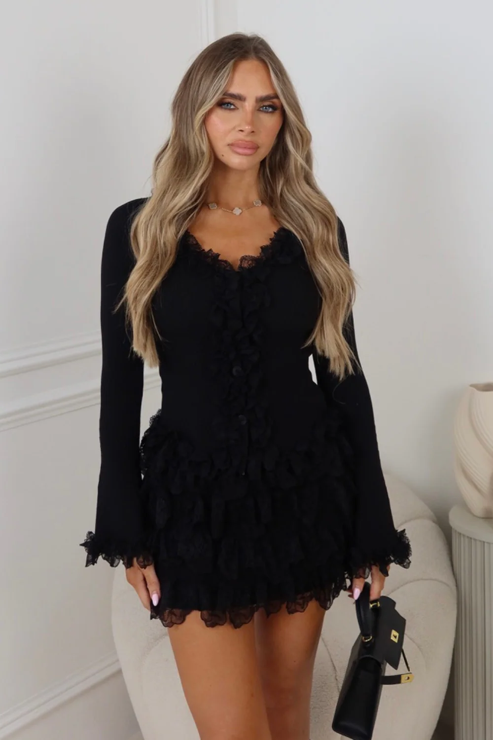 Skyler black knit lace top & ruffle mini skirt co ord