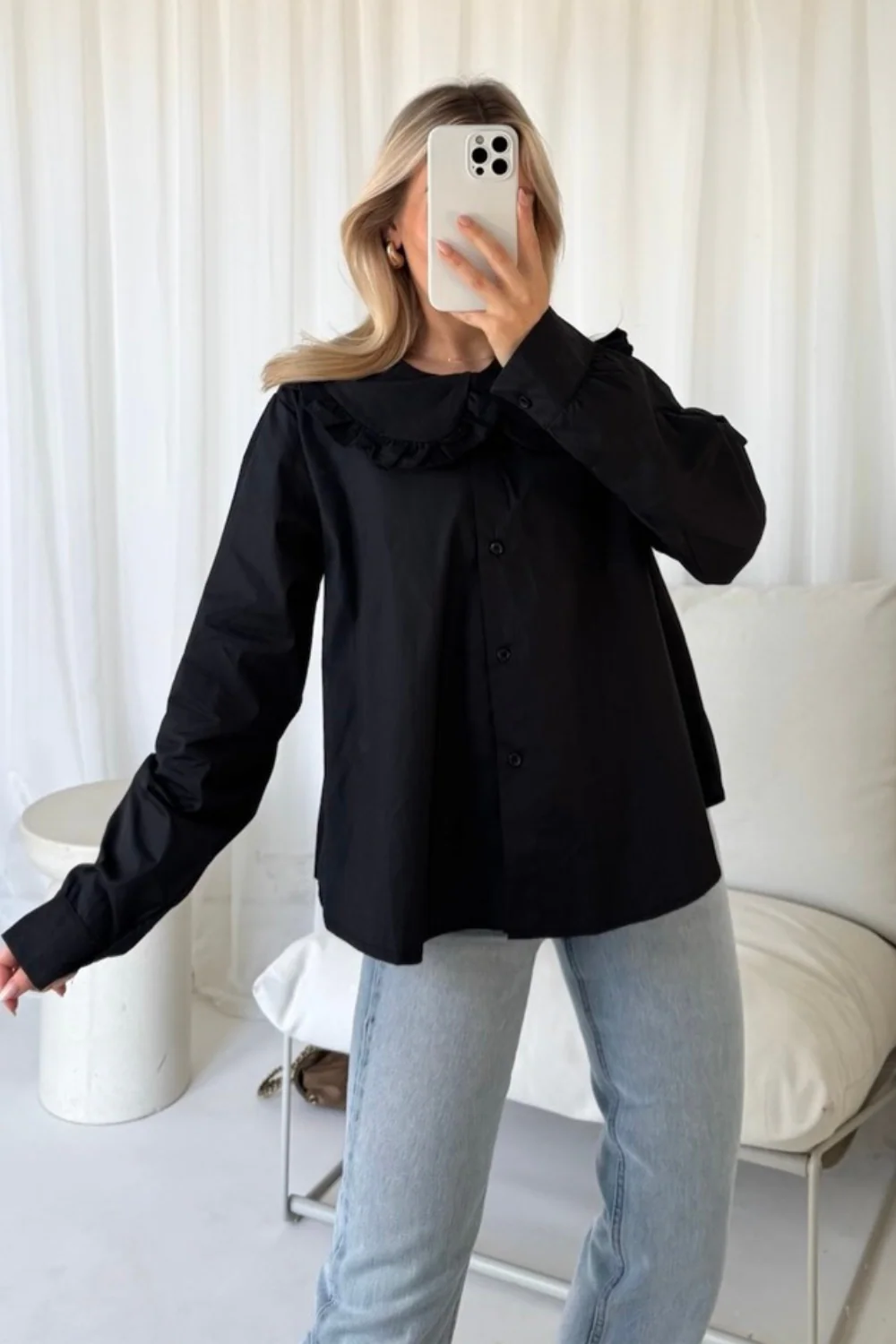 Lizzie black oversized frill collar shirt - Image 2
