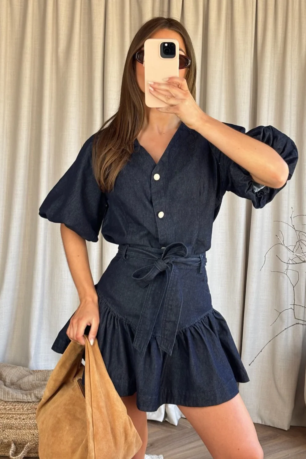 Lizzie dark denim puff sleeve blouse & skirt co ord - Image 4