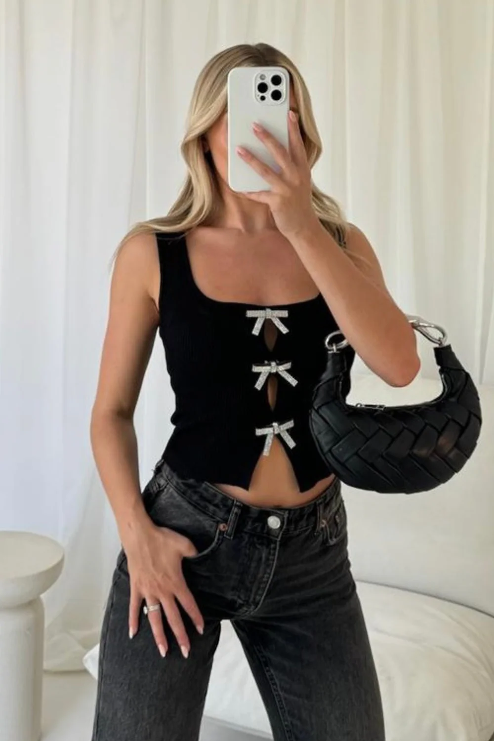lola black diamante bow button vest