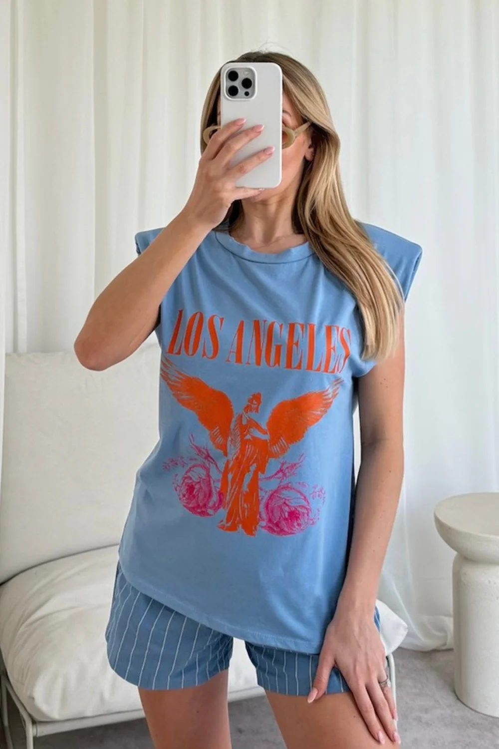 Los Angeles printed blue shoulder pad t-shirt