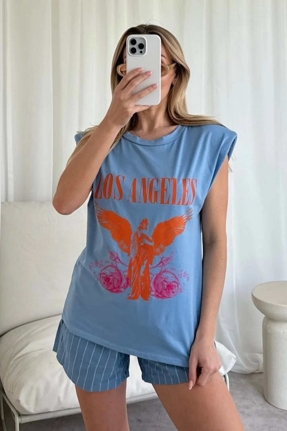 Los Angeles printed blue shoulder pad t-shirt - Image 2