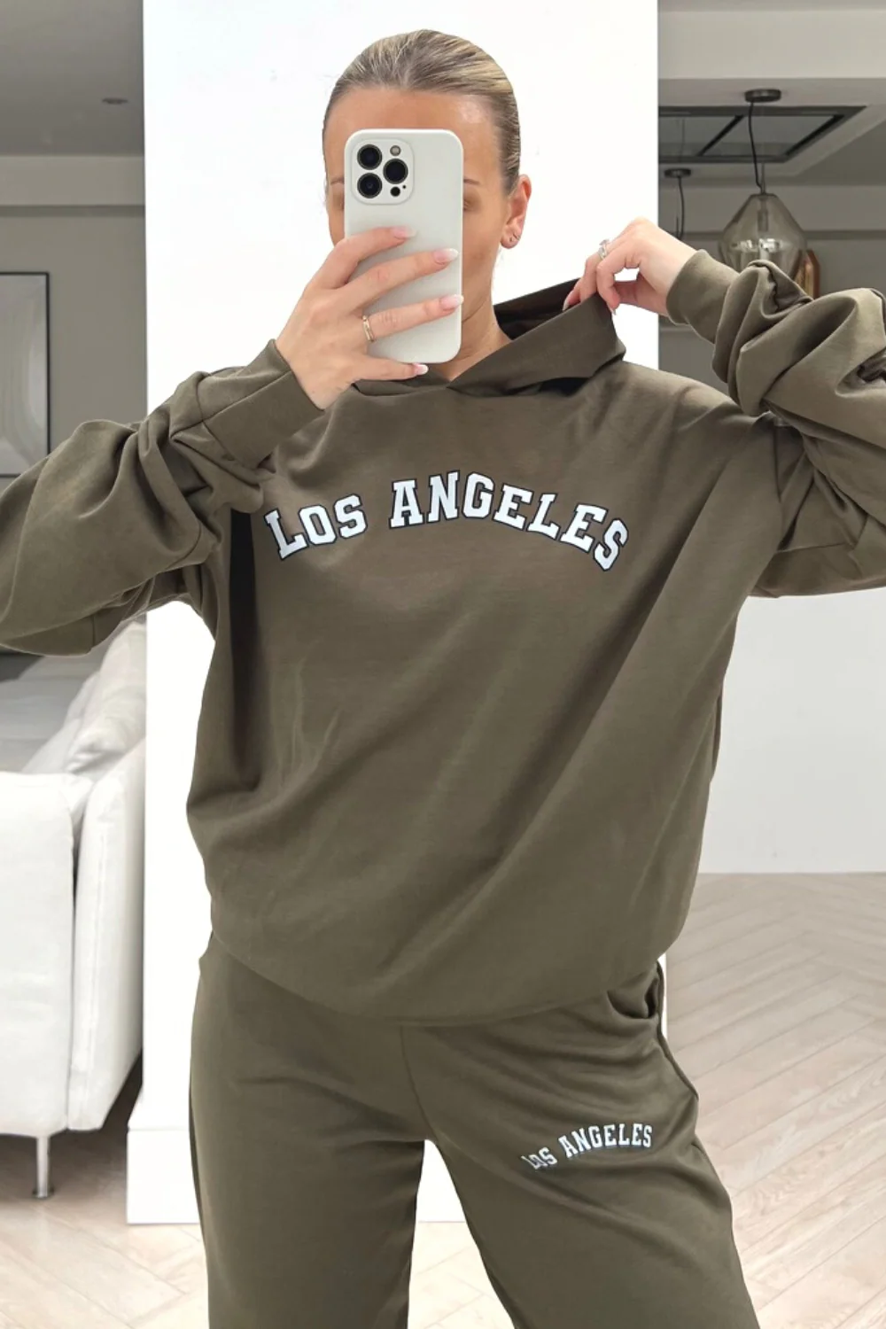 Los angeles khaki ruched sleeve hooded loungewear set
