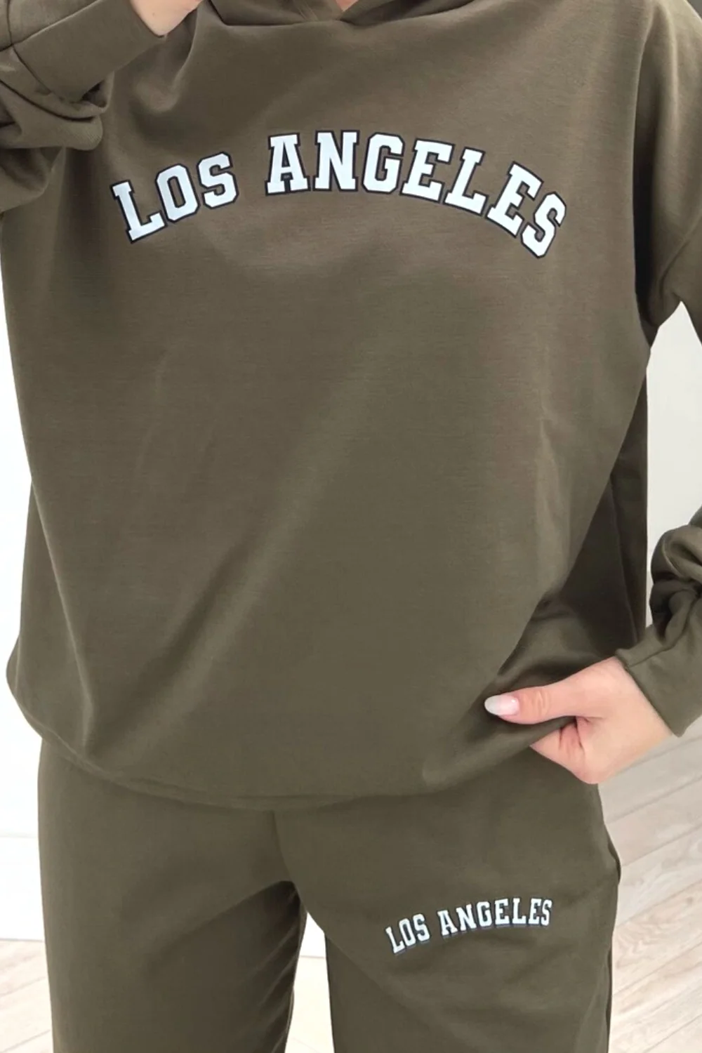 Los angeles khaki ruched sleeve hooded loungewear set - Image 2