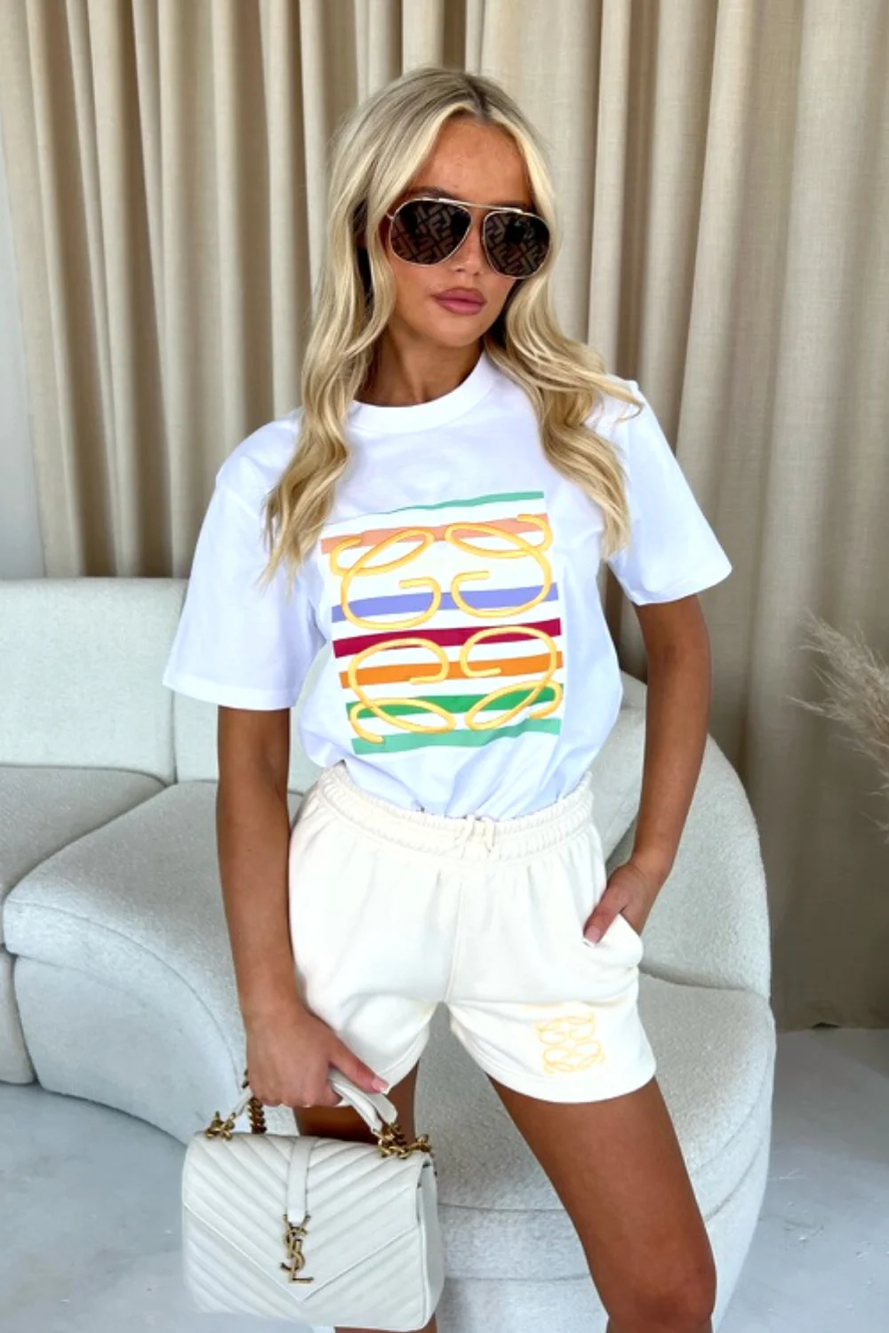 GeGe ecru rainbow stripe embroidered premium short tee coord - Image 2