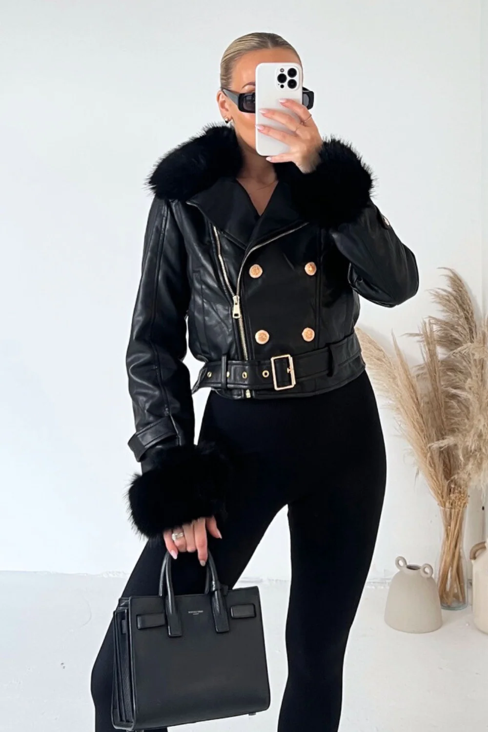 Louise black fur collar faux leather jacket - Image 2