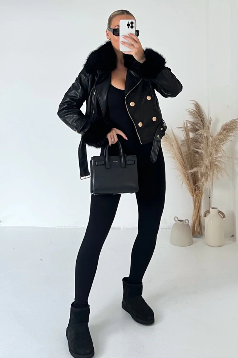 Louise black fur collar faux leather jacket - Image 3