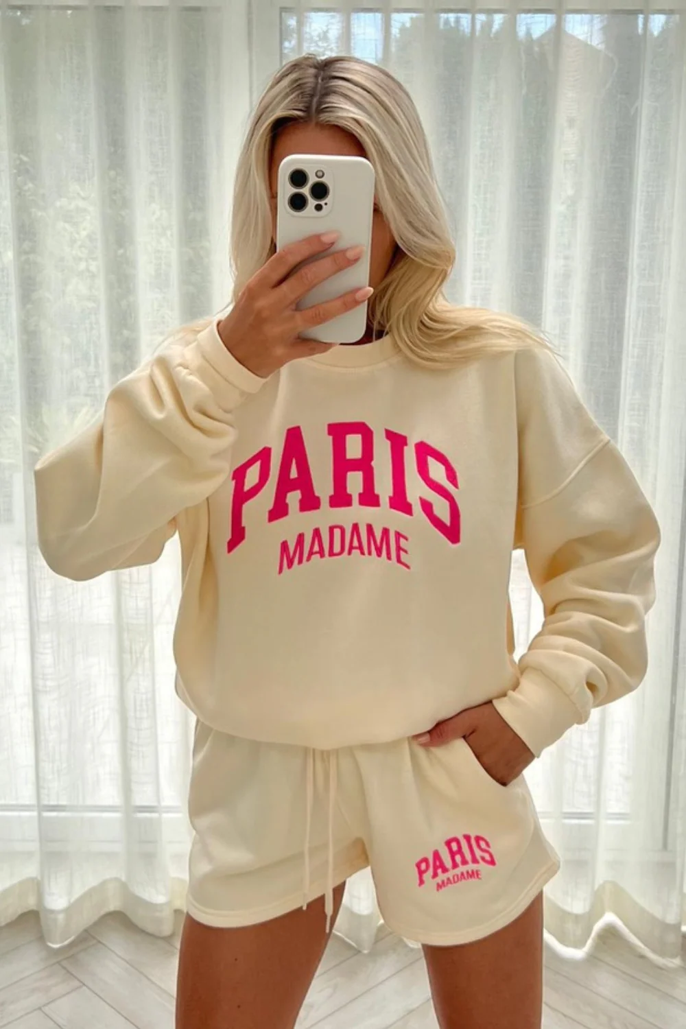 paris madame pink embroidered sweater short loungewear set - Image 3