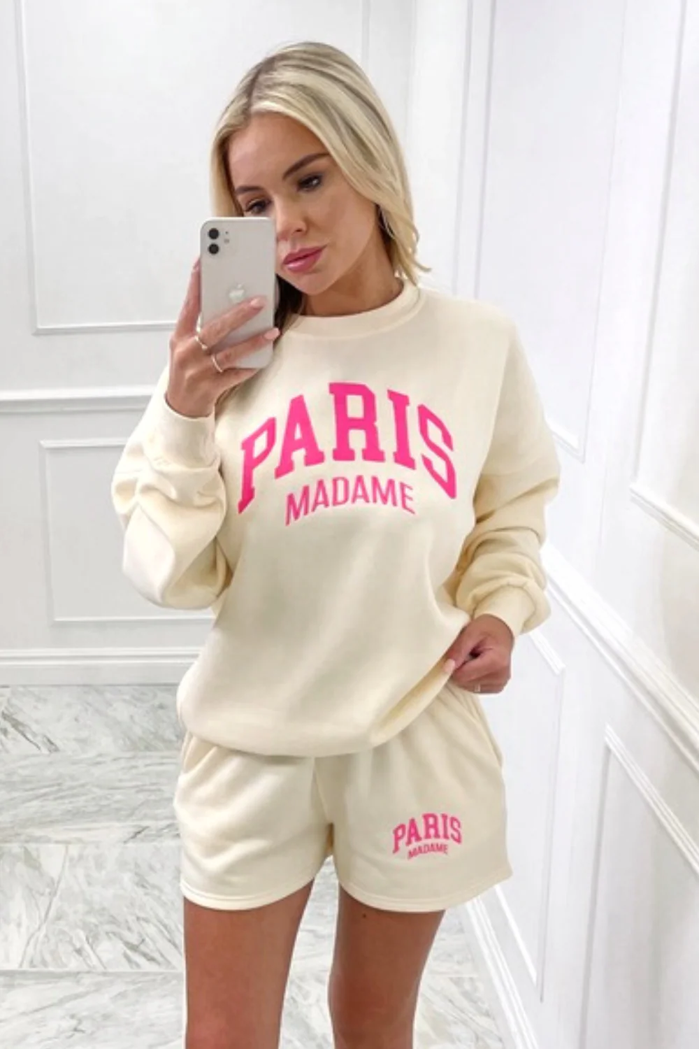 paris madame pink embroidered sweater short loungewear set - Image 4