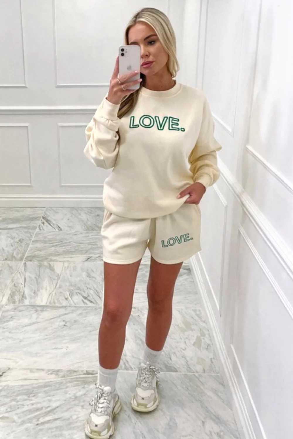 Love green & ecru embroidered sweater short loungewear set - Image 4