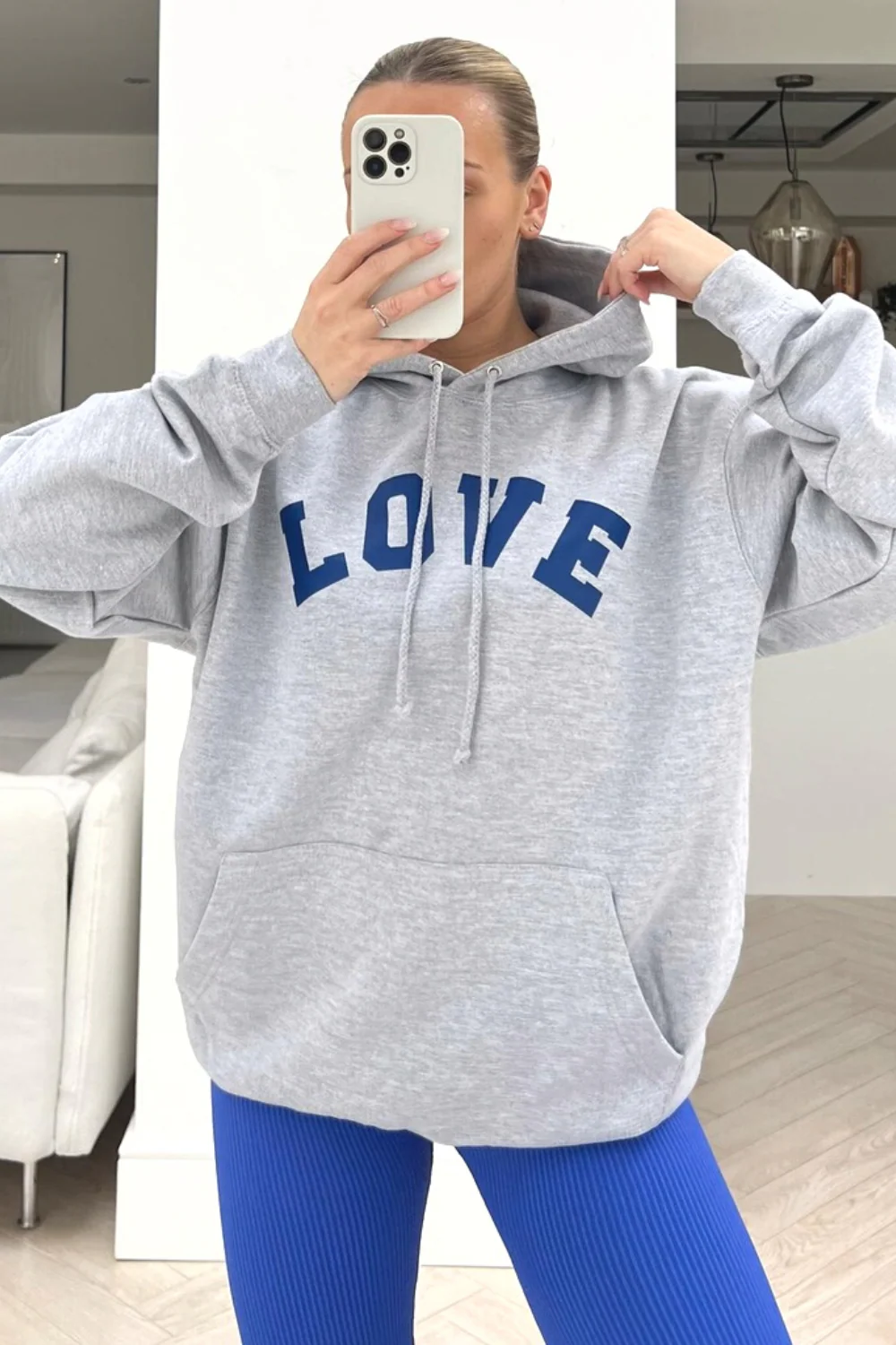 LOVE grey & blue printed drawstring hoodie