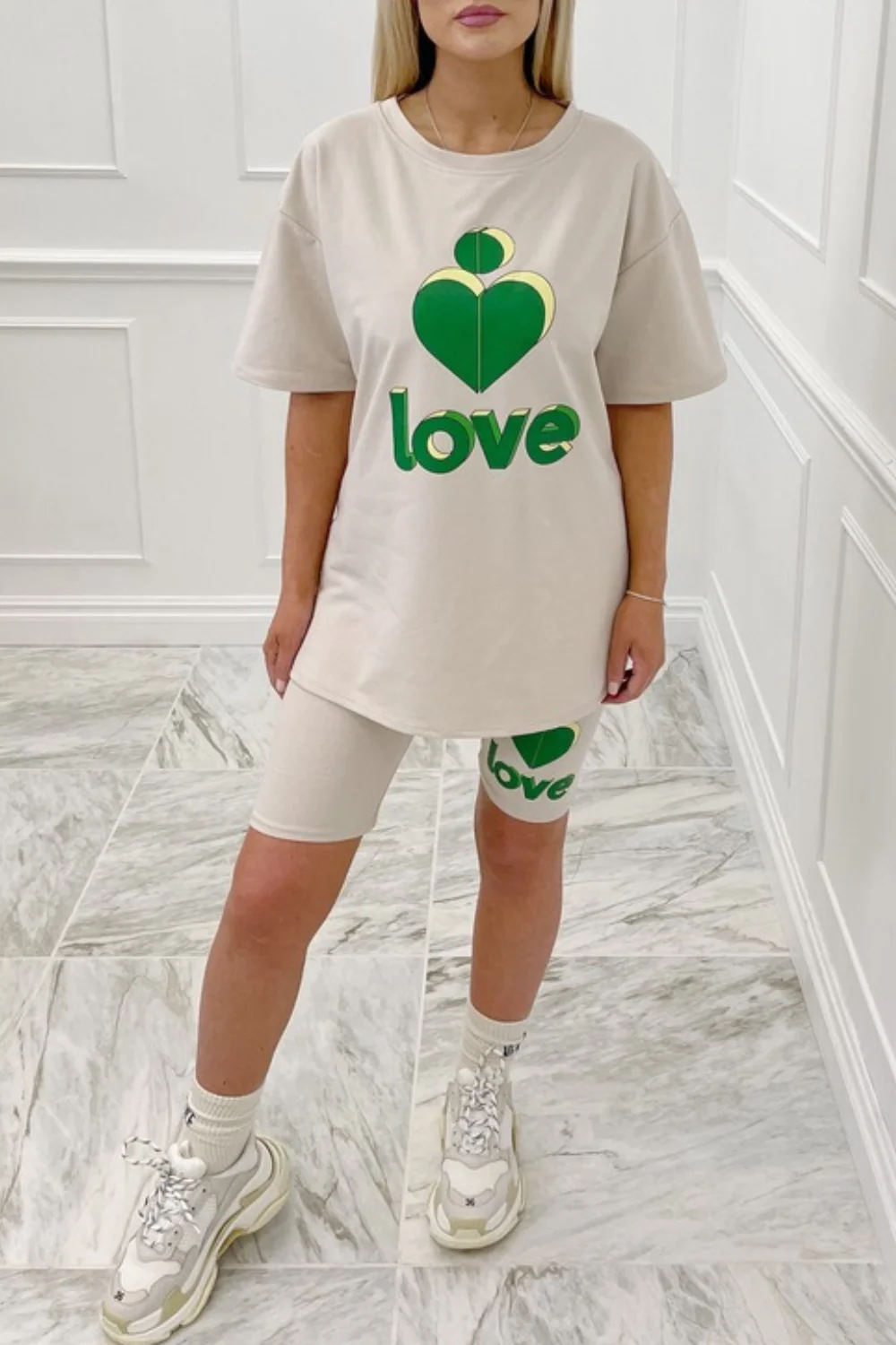 Love Heart green & stone printed cycling short coord - Image 2