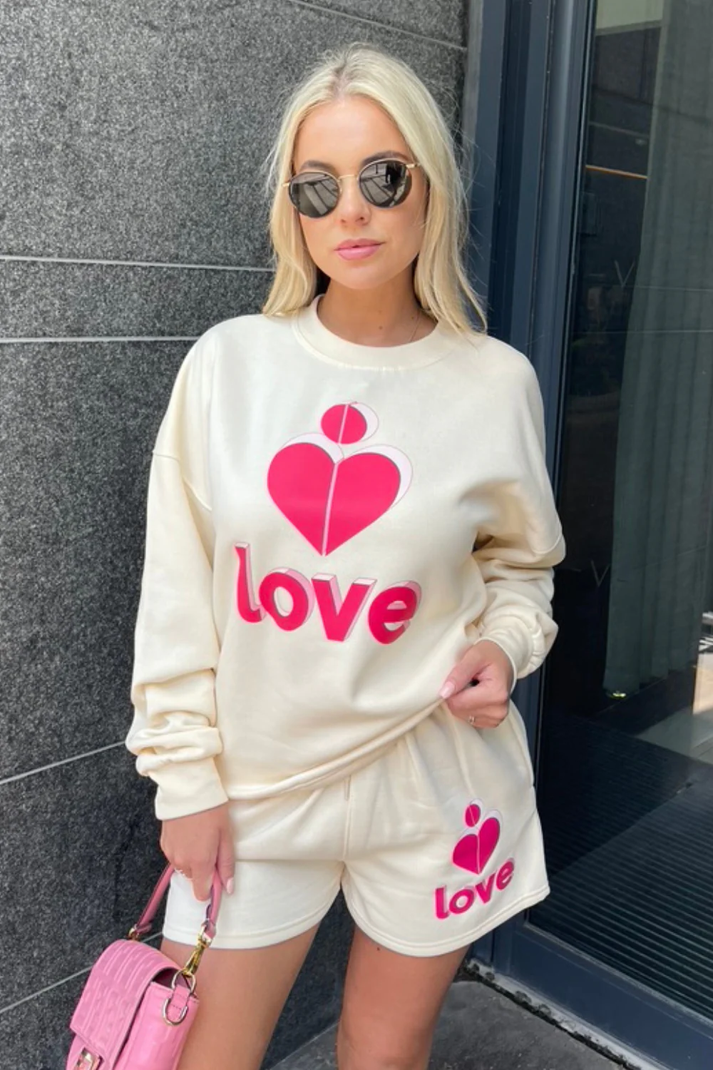 love heart pink & ecru sweater short loungewear set - Image 3