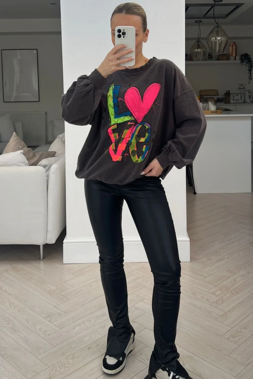 LOVE paint splash grey acid wash round neck sweater - Image 2