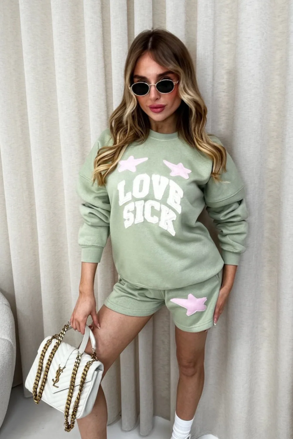 Love sick sage embroidered sweater shorts loungewear - Image 3