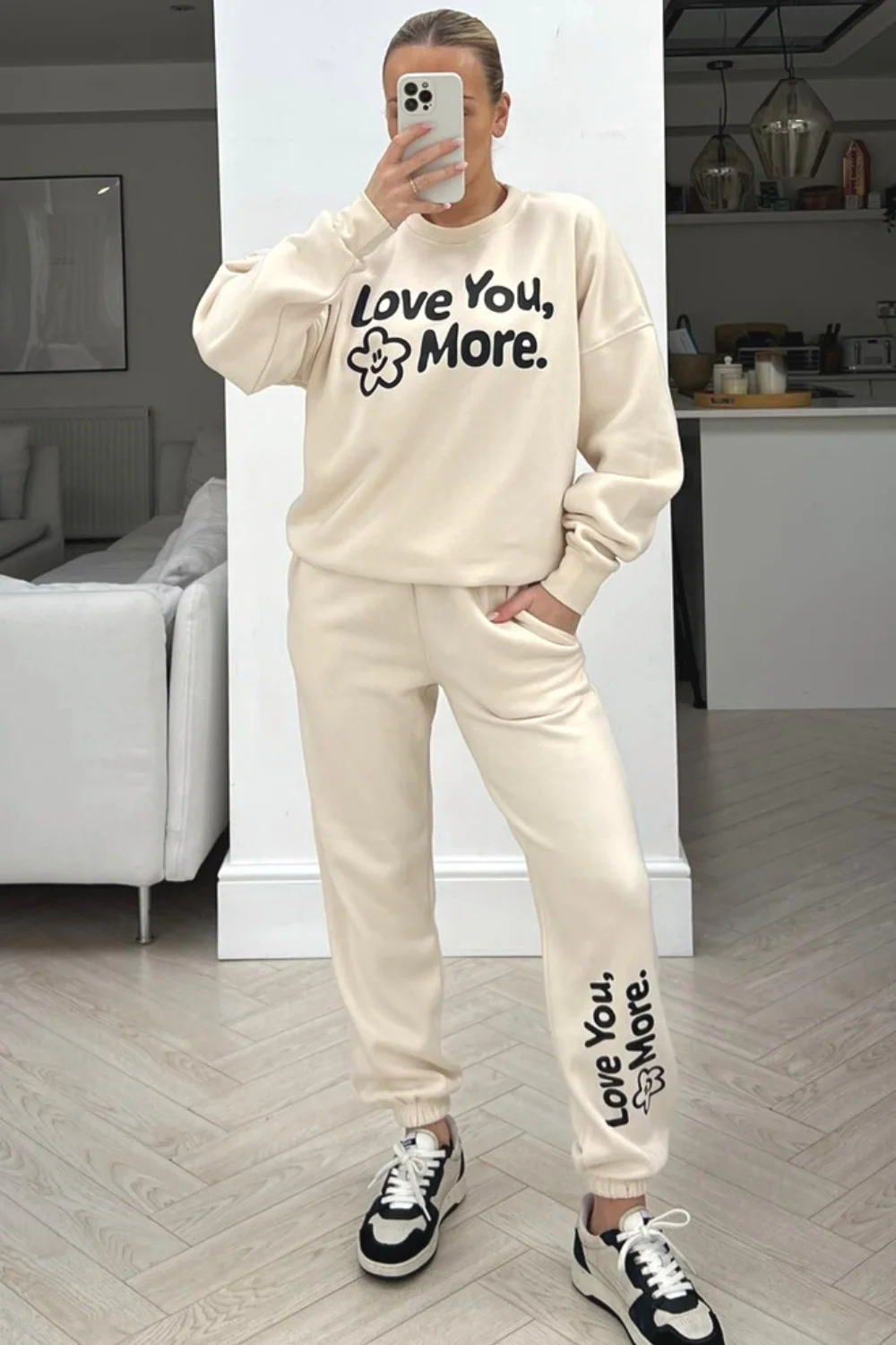 Love you more ecru printed sweater loungewear set - Image 2