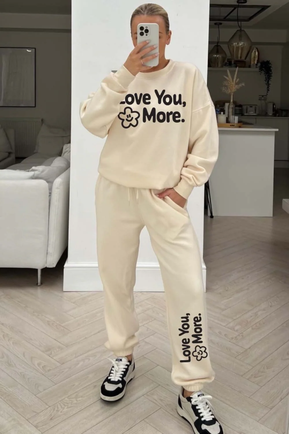 Love you more ecru printed sweater loungewear set - Image 3