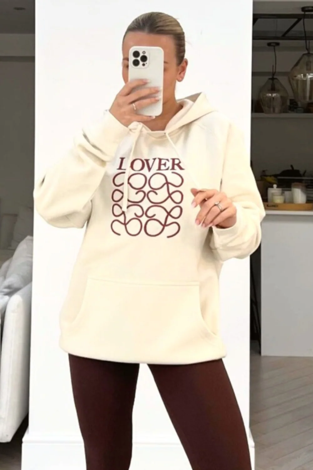 Lover ecru embroidered kangaroo pocket hoodie