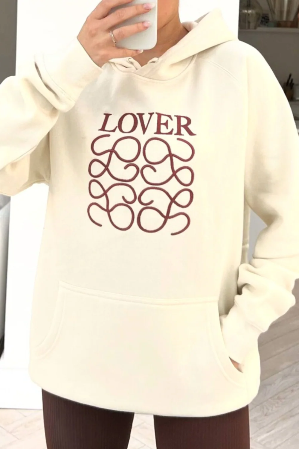 Lover ecru embroidered kangaroo pocket hoodie - Image 2