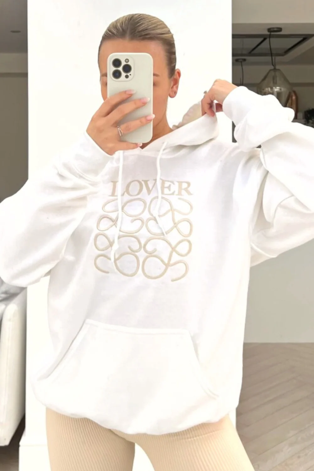 Lover white embroidered kangaroo pocket hoodie