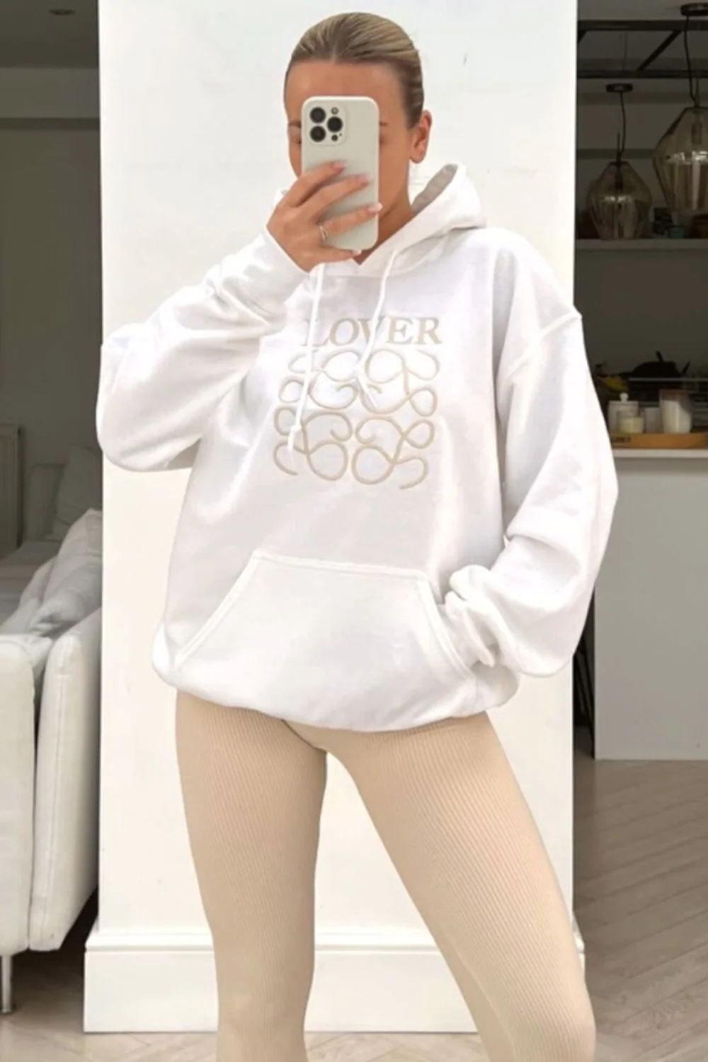 Lover white embroidered kangaroo pocket hoodie - Image 2