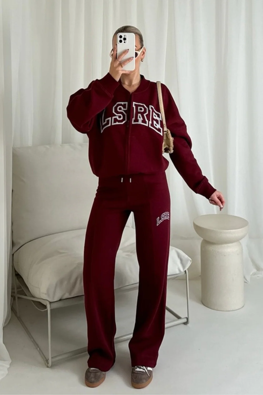 LSRE burgundy printed bomber jogger loungewear - Image 3