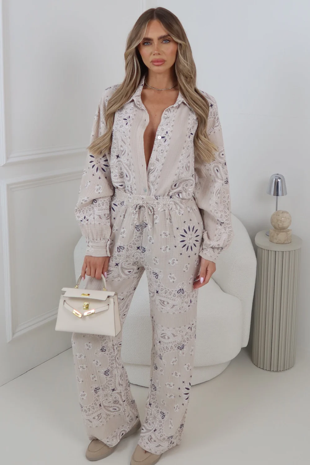 LUCIE BEIGE CHEESECLOTH PAISLEY TROUSERS & SHIRT CO ORD TWO PIECE SET