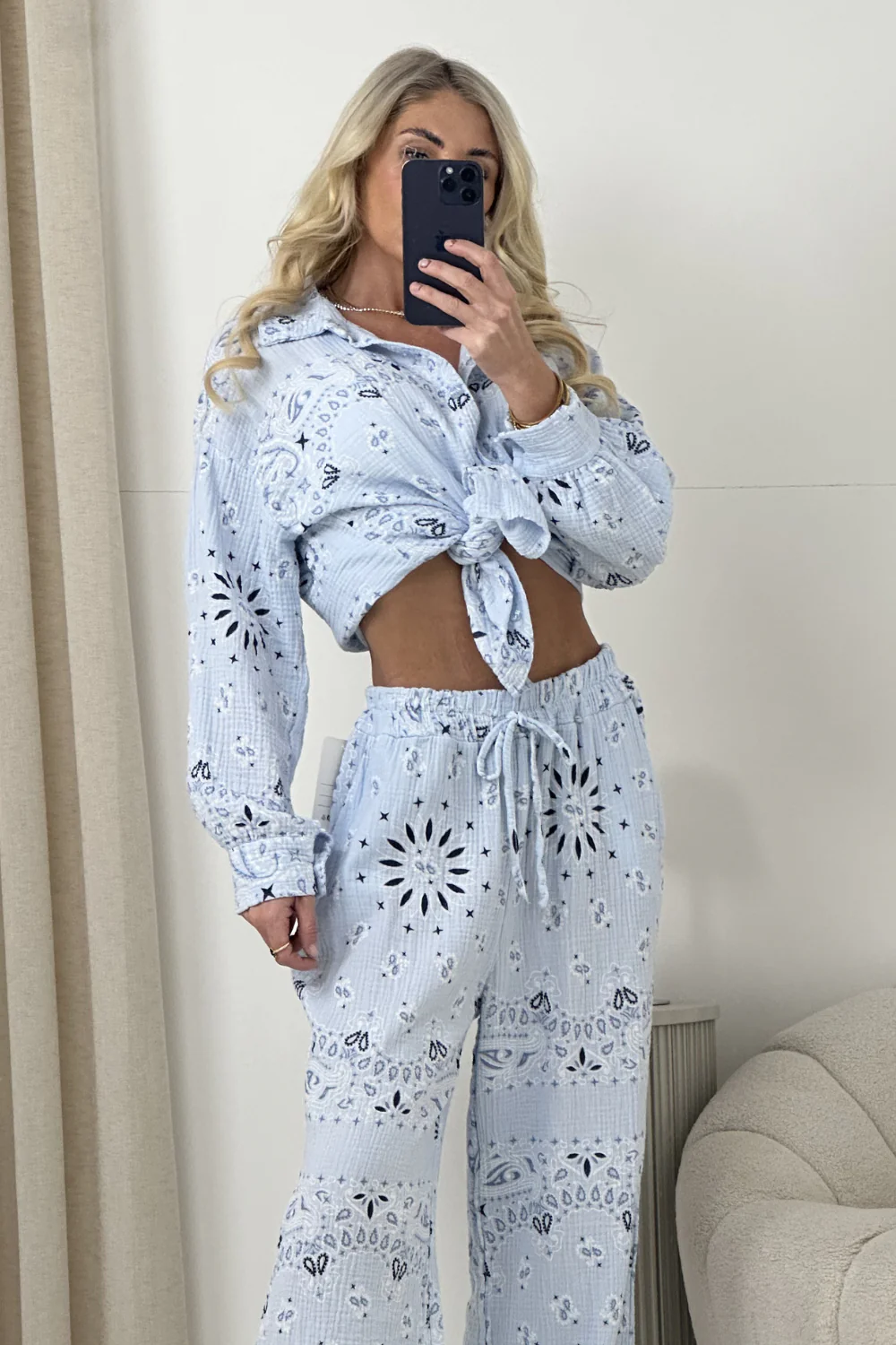 LUCIE BLUE CHEESECLOTH PAISLEY TROUSERS AND SHIRT CO ORD TWO PIECE SET - Image 3