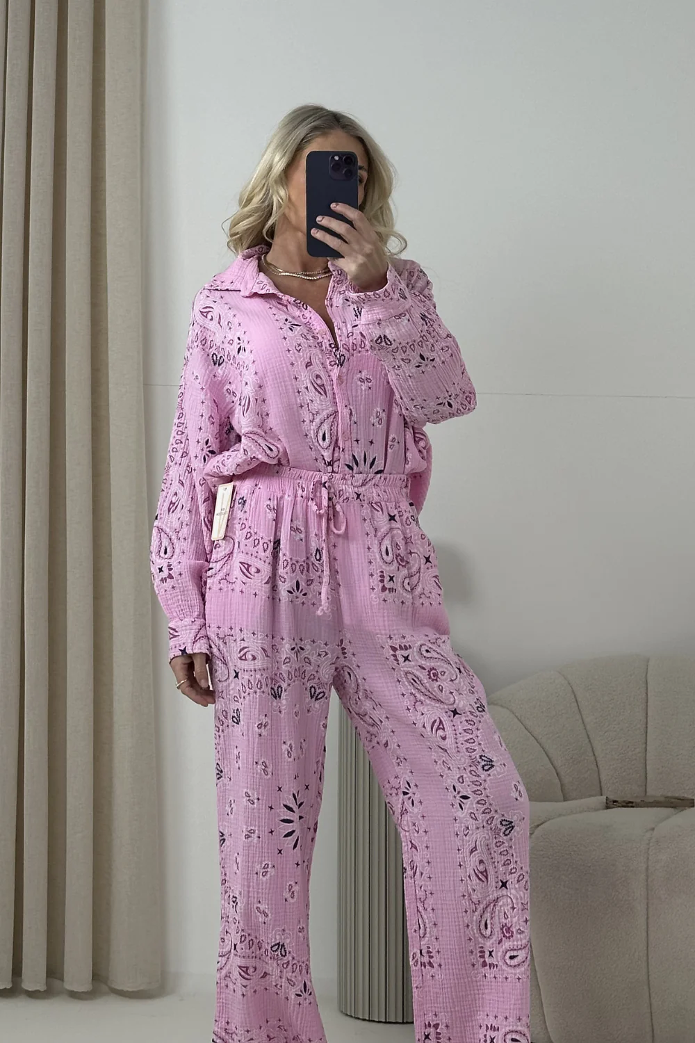 LUCIE PINK CHEESECLOTH PAISLEY TROUSERS AND SHIRT CO ORD TWO PIECE SET - Image 2