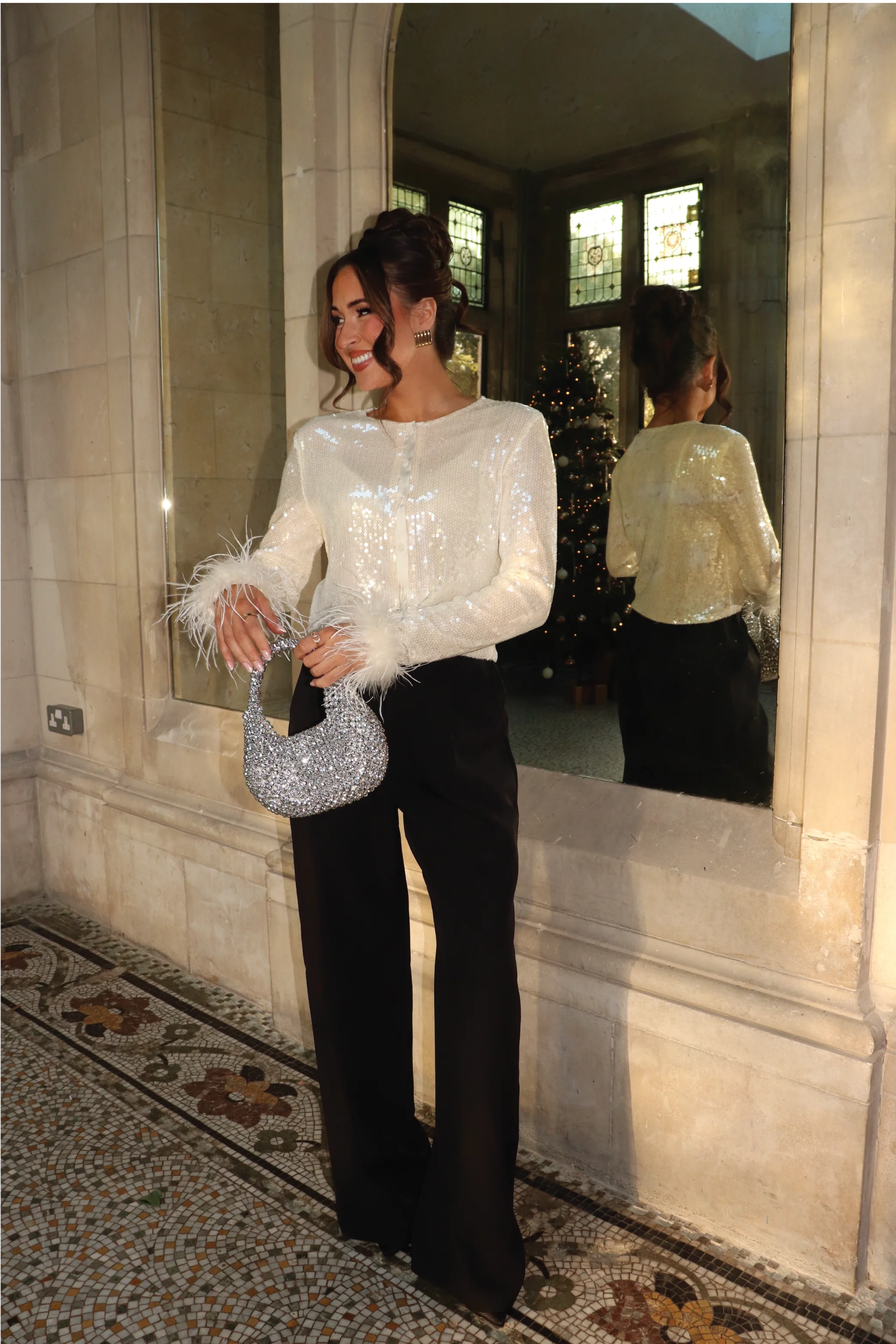 LUCILLE CREAM BUTTON UP SEQUIN & FEATHER CUFF TOP - Image 6