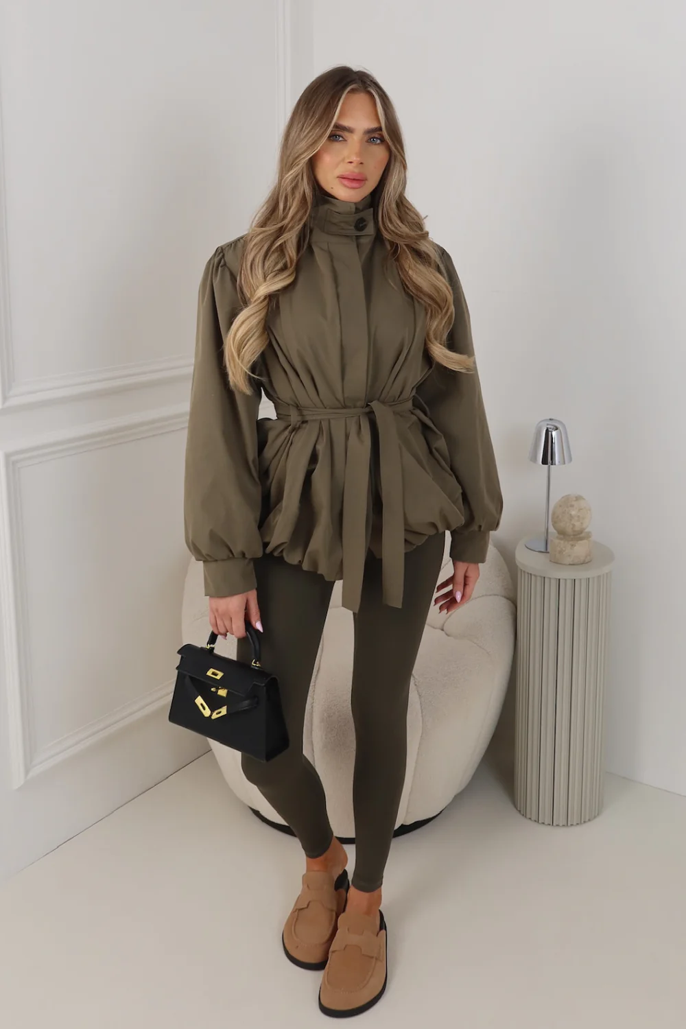 LUCINDER KHAKI BELTED PUFF SLEEVE HIGH NECK JACKET - Image 2