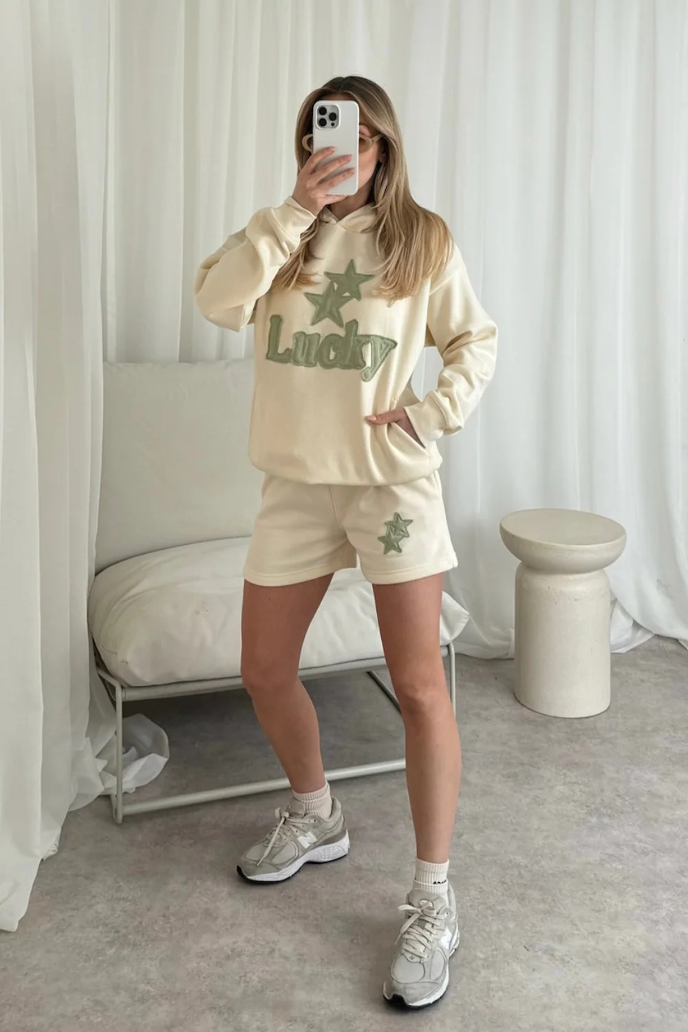 Lucky ecru and sage embroidered hoodie shorts loungewear - Image 2