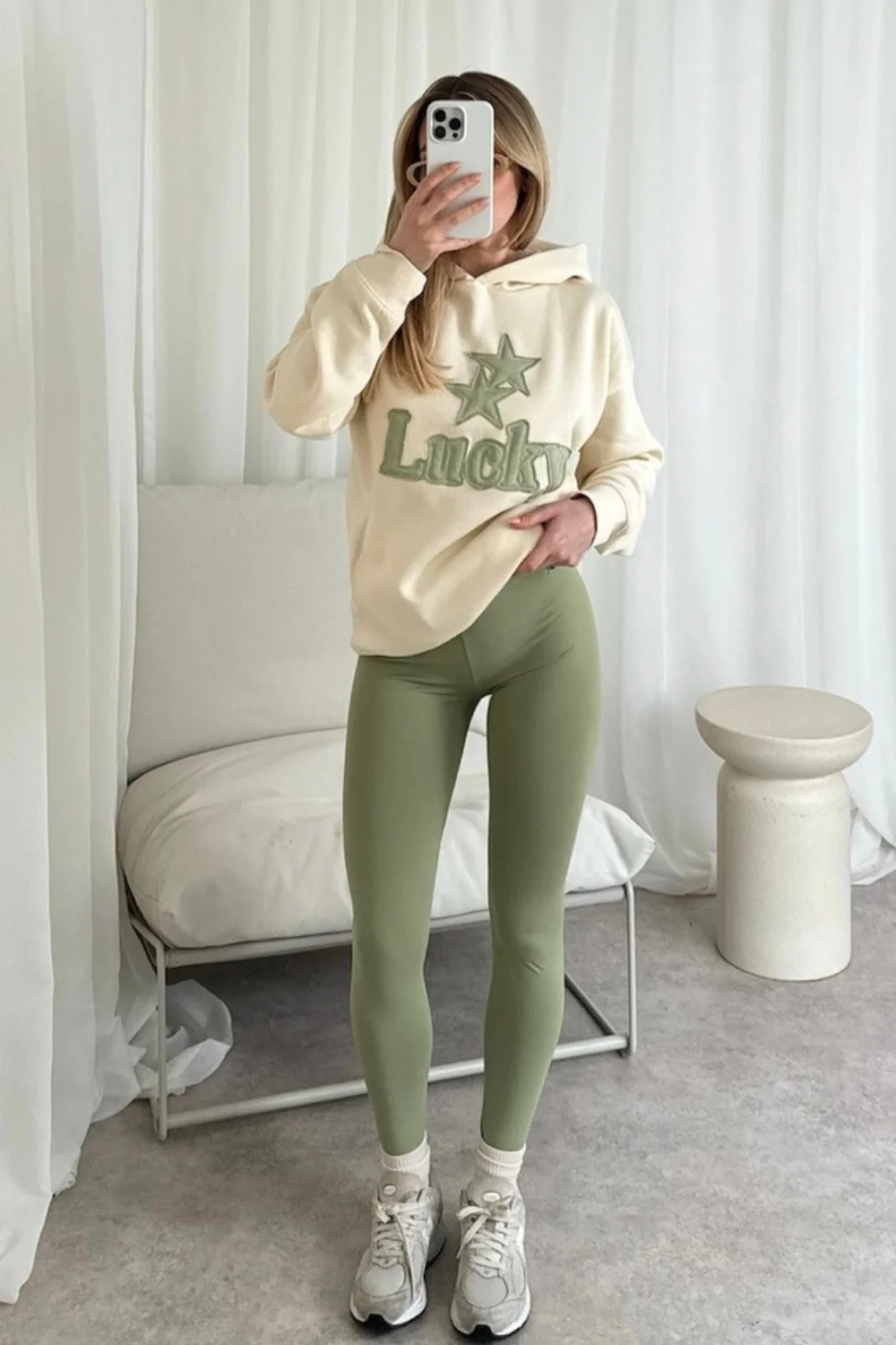 Lucky ecru embroidered hoodie and sage legging set - Image 2