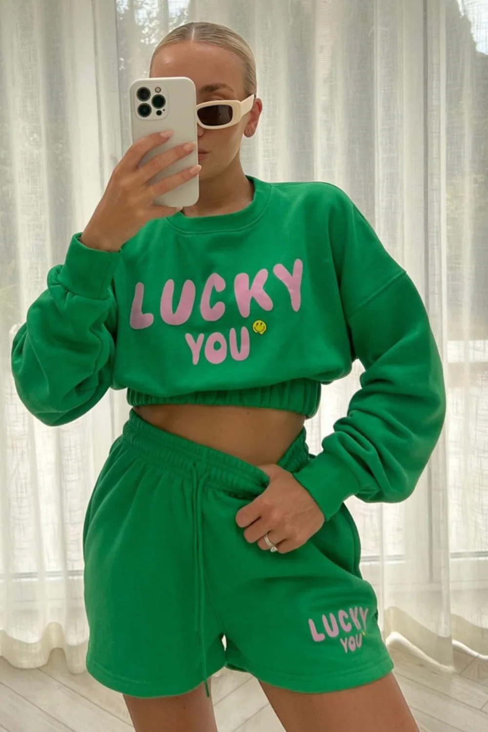 Lucky you green & pink  cropped  short loungewear set - Image 2