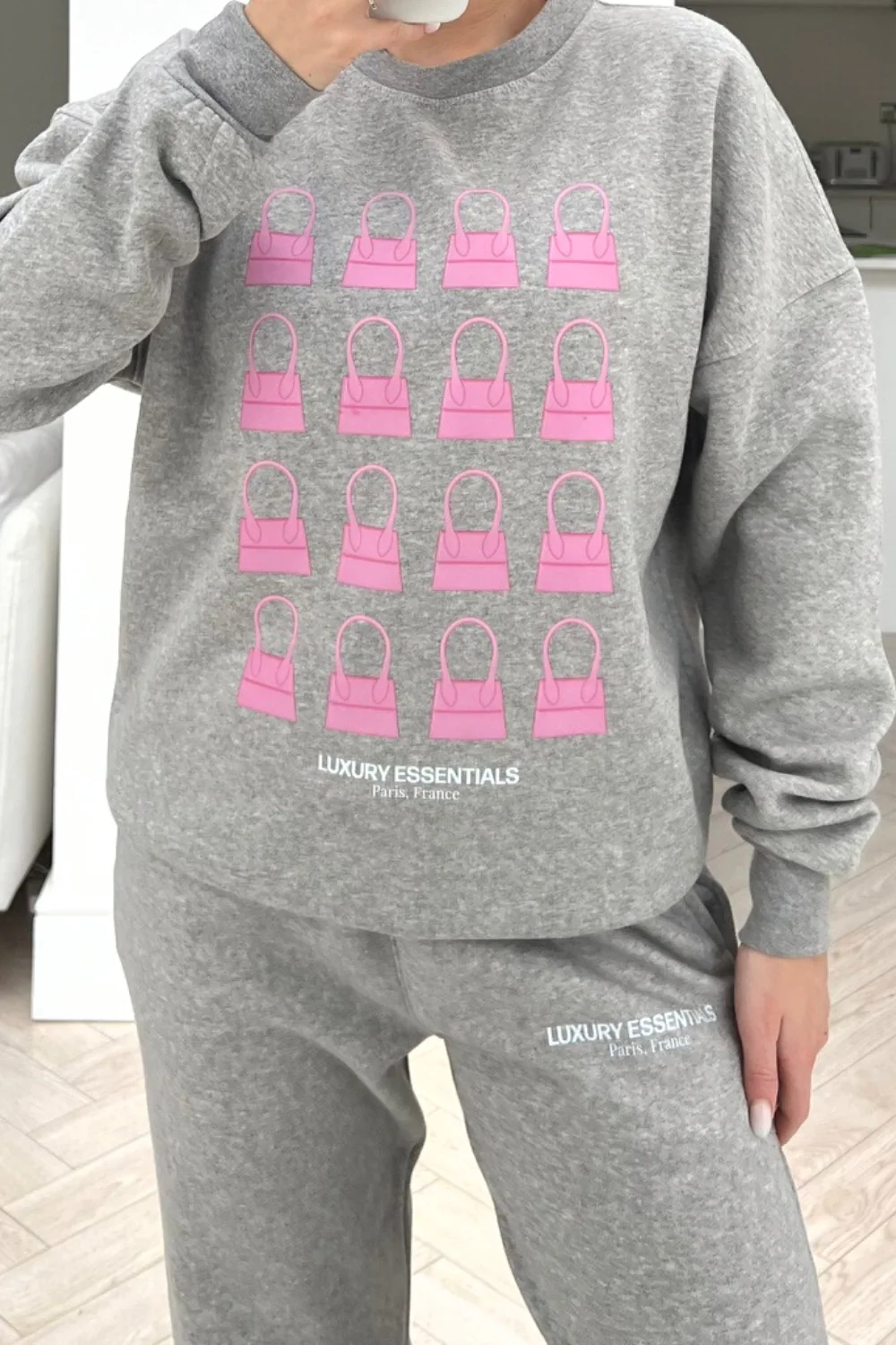 luxe pink bag grey printed sweater loungewear set - Image 3
