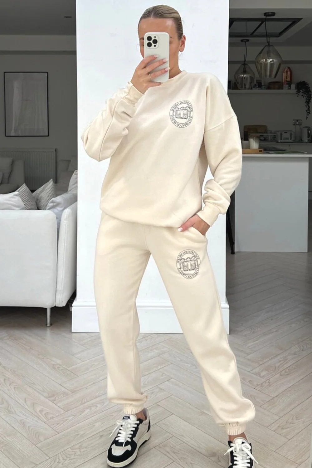 luxury country club ecru printed sweater loungewear set - Image 2