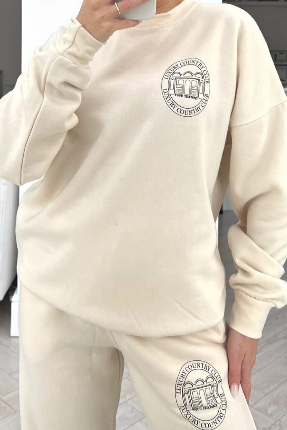 luxury country club ecru printed sweater loungewear set - Image 3