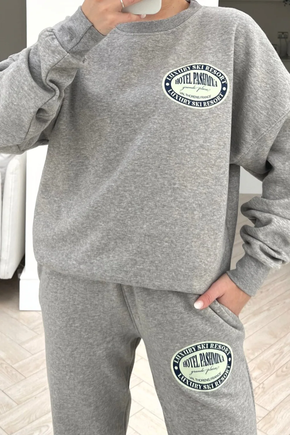 luxury ski resort grey printed sweater loungewear set - Image 2