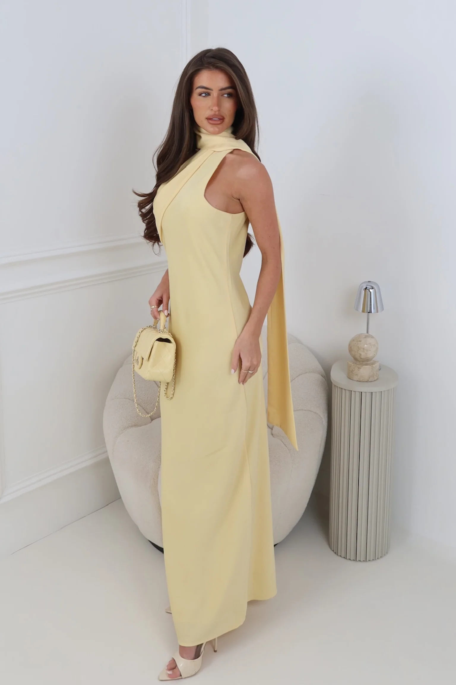MABEL BUTTER YELLOW SATIN NECK DRAPE DRESS - Image 2