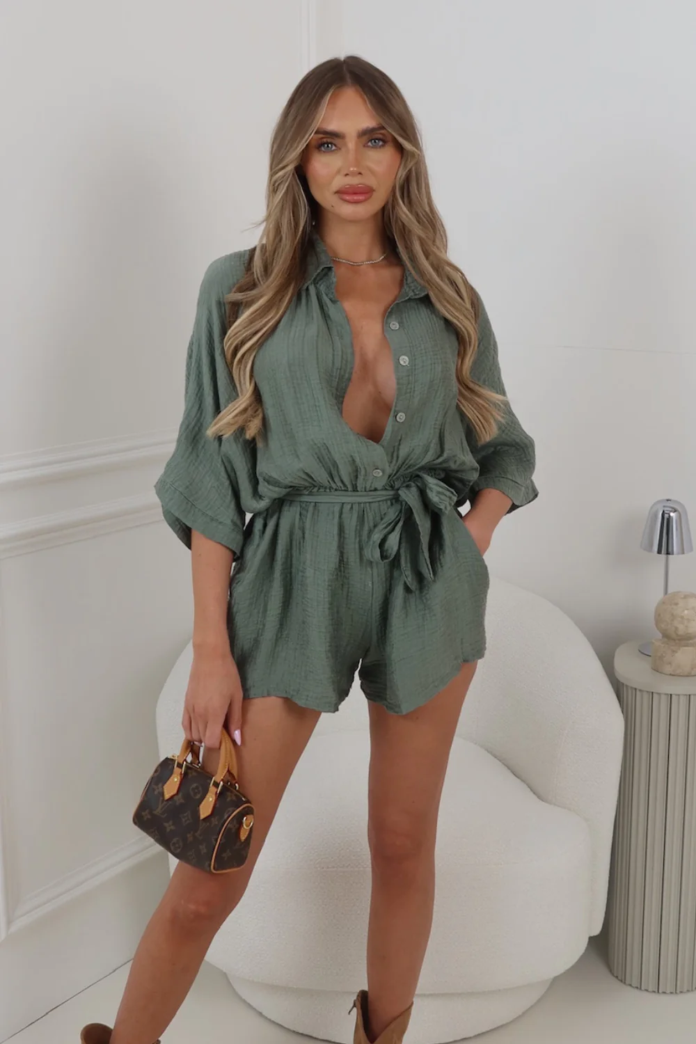 MABEL KHAKI CHEESECLOTH BELTED PLAYSUIT - Image 2