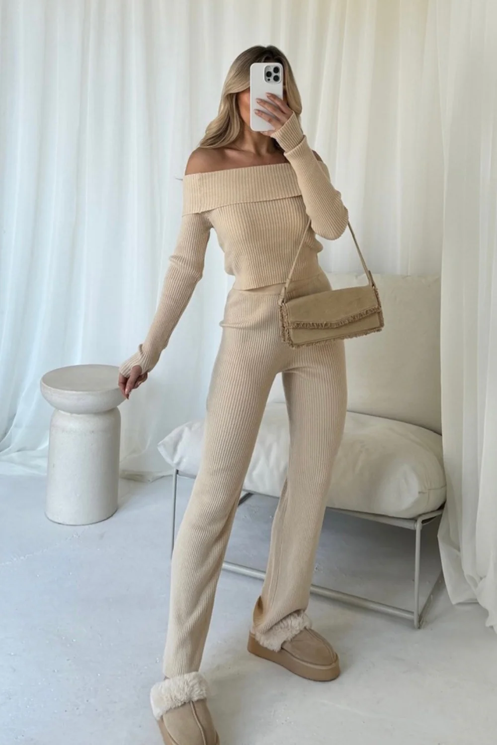 MADDISON CREAM OFF THE SHOULDER RIB KNIT TOP AND TROUSERS CO ORD TWO PIECE SET