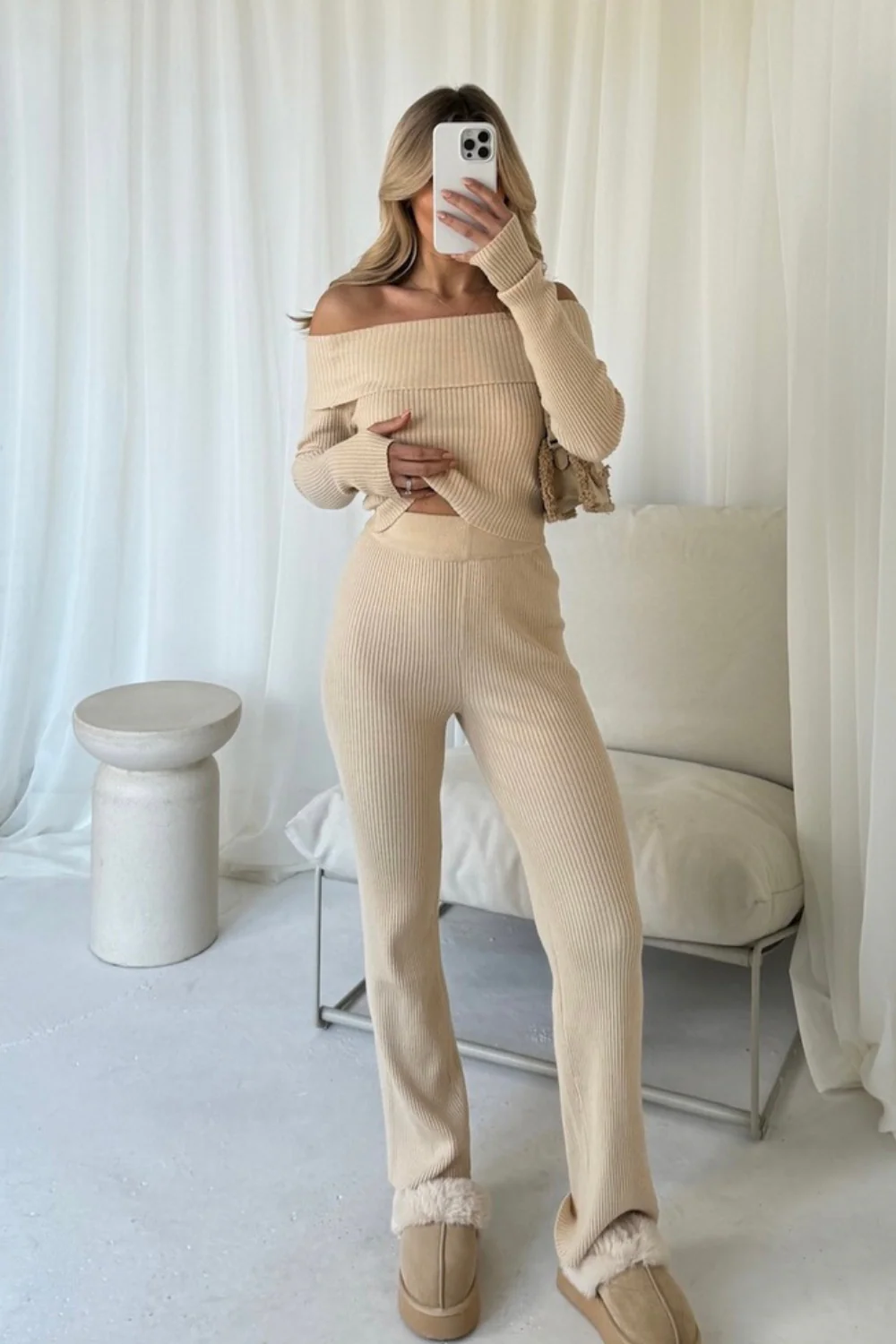 MADDISON CREAM OFF THE SHOULDER RIB KNIT TOP AND TROUSERS CO ORD TWO PIECE SET - Image 2