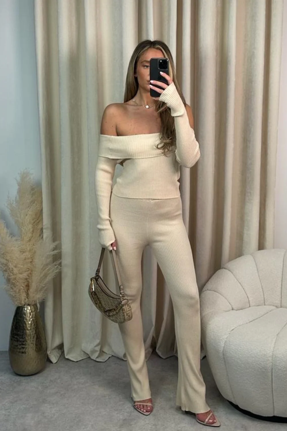 MADDISON CREAM OFF THE SHOULDER RIB KNIT TOP AND TROUSERS CO ORD TWO PIECE SET - Image 3