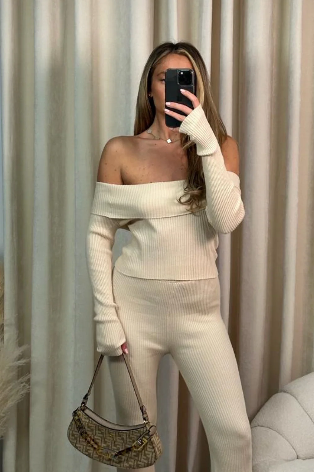 MADDISON CREAM OFF THE SHOULDER RIB KNIT TOP AND TROUSERS CO ORD TWO PIECE SET - Image 4
