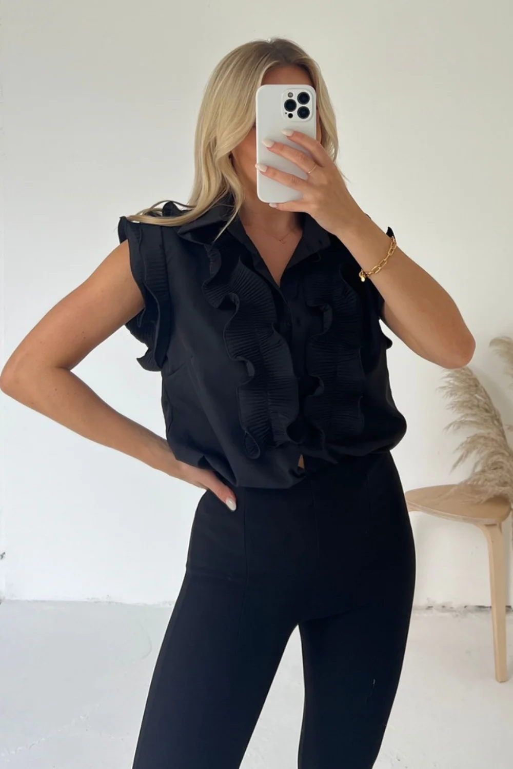 Maisy black button up frill sleeveless blouse - Image 2