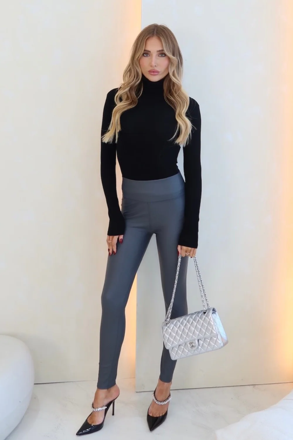 Maisy Grey PU Leather High Waisted Trousers - Image 2