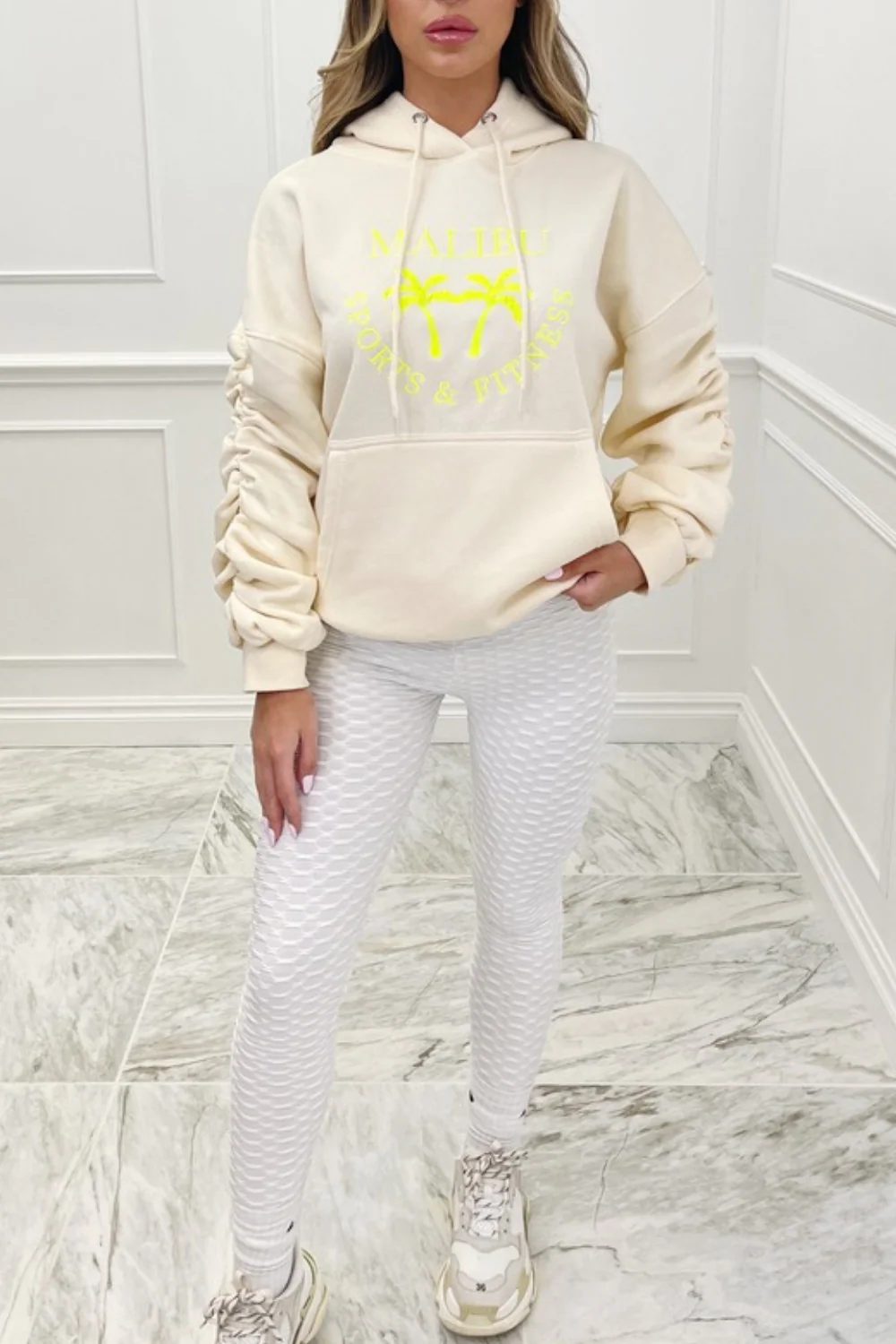 Malibu ecru & yellow ruched sleeve embroidered oversized hoodie - Image 2