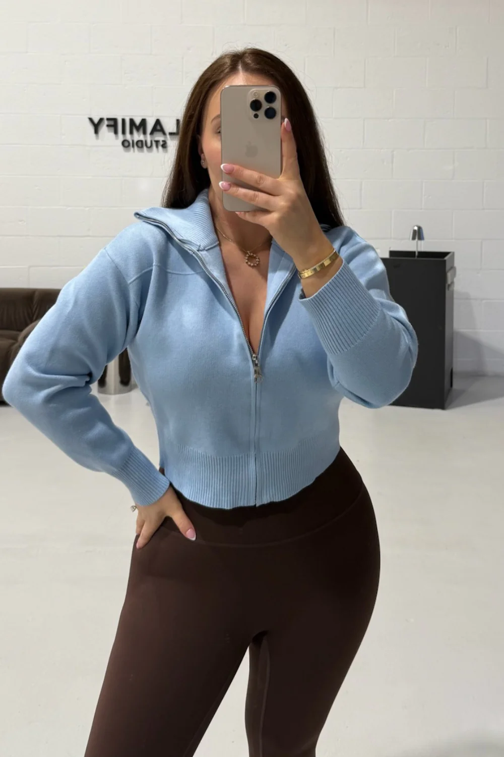 MANDY BABY BLUE FULL ZIP RIBBED HIGH NECK CARDIGAN - Image 3