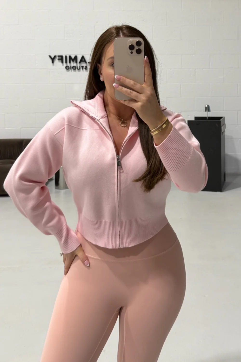 MANDY BABY PINK FULL ZIP RIBBED HIGH NECK CARDIGAN - Image 3