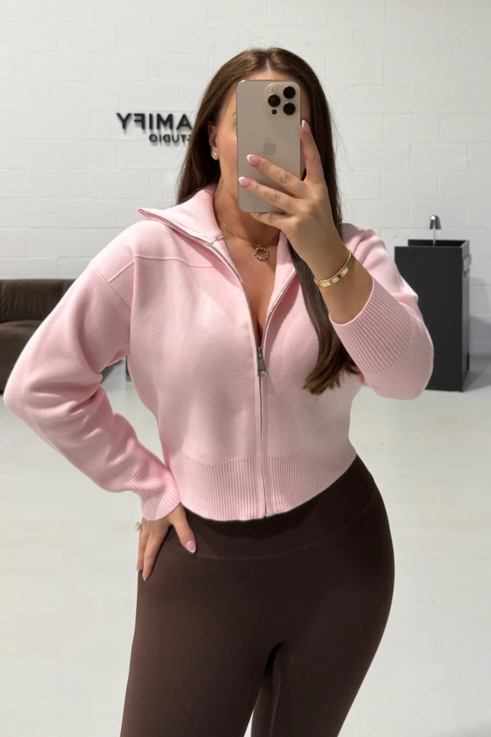 MANDY BABY PINK FULL ZIP RIBBED HIGH NECK CARDIGAN - Image 4